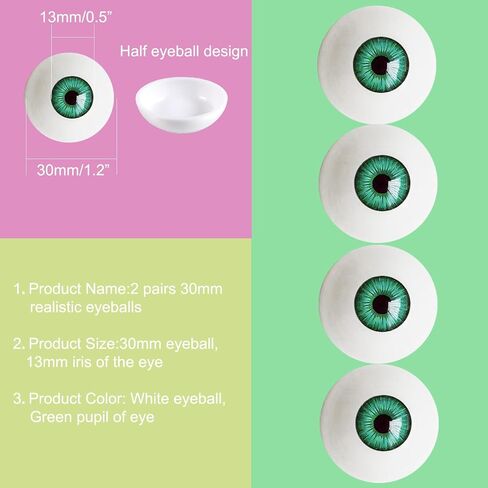 Realistic Acrylic Eyeball, 2 Pairs Plastic Hollow Eyeball, 30mm Diameter Half Round Fake Eyes for Halloween Party Decor Art Dolls Props, Green in Saudi Arabia