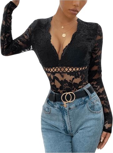 GORGLITTER Women's Sexy Floral Lace Hollow Out Leotard Top Deep V Neck Long Sleeve Bodysuit in Saudi Arabia