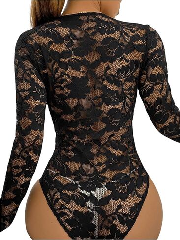 GORGLITTER Women's Sexy Floral Lace Hollow Out Leotard Top Deep V Neck Long Sleeve Bodysuit in Saudi Arabia