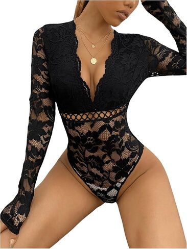 GORGLITTER Women's Sexy Floral Lace Hollow Out Leotard Top Deep V Neck Long Sleeve Bodysuit in Saudi Arabia