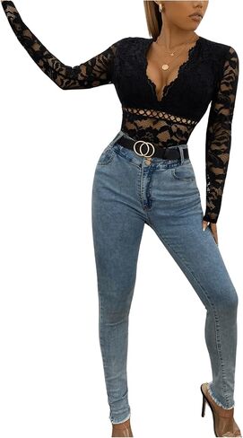 GORGLITTER Women's Sexy Floral Lace Hollow Out Leotard Top Deep V Neck Long Sleeve Bodysuit in Saudi Arabia