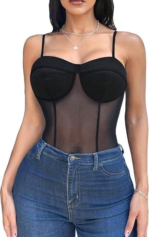 Milumia Women's Mesh Sheer Bustier Cami Top Spaghetti Strap Bodysuit Jumpsuit Club Tops in Saudi Arabia