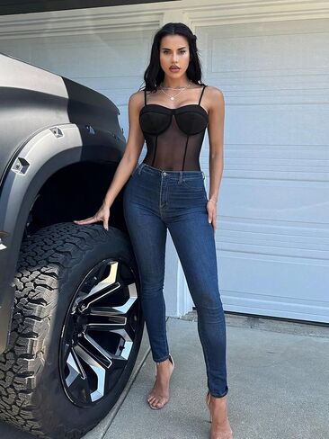 Milumia Women's Mesh Sheer Bustier Cami Top Spaghetti Strap Bodysuit Jumpsuit Club Tops in Saudi Arabia