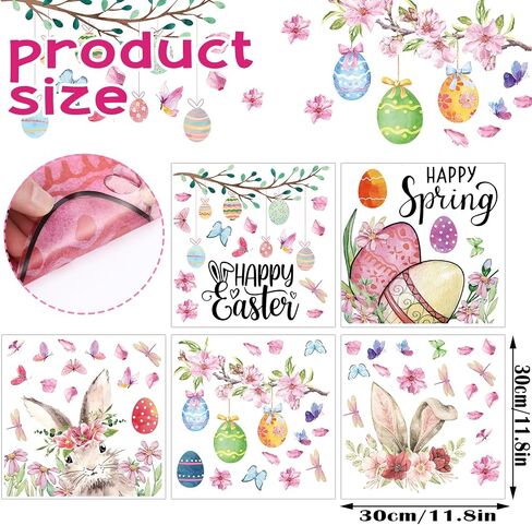 66 Pcs Easter Window Cling Sticker Bunny Pink Easter Eggs Flowers Window Decal Happy Easter Spring Window Clings Decoration for Kid School Home Party Supplies Shop Window Glass Display Decor in Saudi Arabia