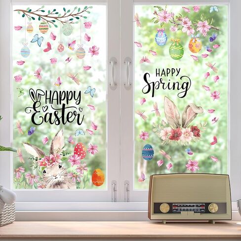 66 Pcs Easter Window Cling Sticker Bunny Pink Easter Eggs Flowers Window Decal Happy Easter Spring Window Clings Decoration for Kid School Home Party Supplies Shop Window Glass Display Decor in Saudi Arabia