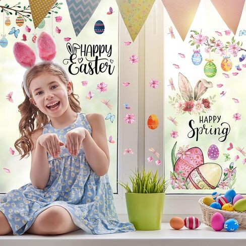 66 Pcs Easter Window Cling Sticker Bunny Pink Easter Eggs Flowers Window Decal Happy Easter Spring Window Clings Decoration for Kid School Home Party Supplies Shop Window Glass Display Decor in Saudi Arabia