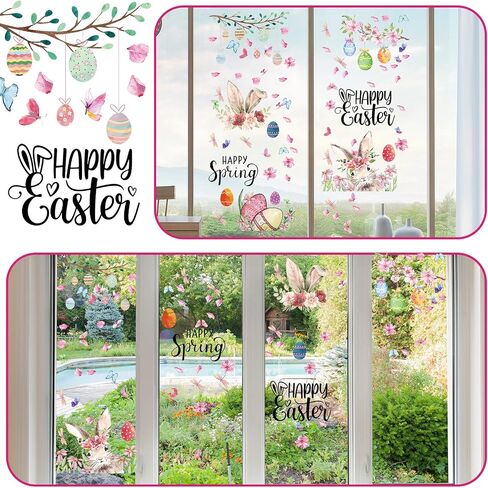 66 Pcs Easter Window Cling Sticker Bunny Pink Easter Eggs Flowers Window Decal Happy Easter Spring Window Clings Decoration for Kid School Home Party Supplies Shop Window Glass Display Decor in Saudi Arabia