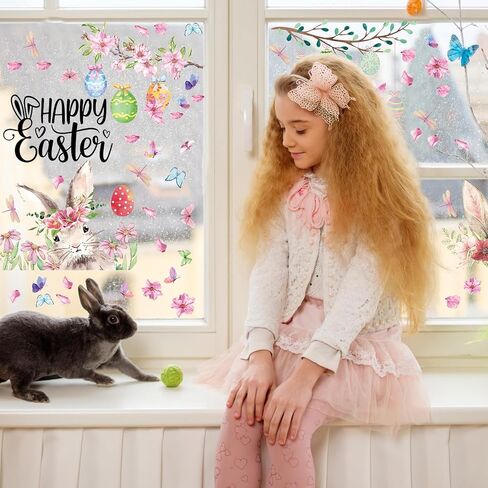 66 Pcs Easter Window Cling Sticker Bunny Pink Easter Eggs Flowers Window Decal Happy Easter Spring Window Clings Decoration for Kid School Home Party Supplies Shop Window Glass Display Decor in Saudi Arabia