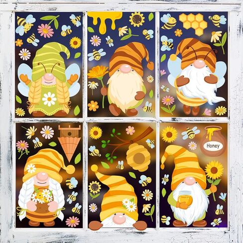 ملصقات نافذة نحلة العسل تلعثم عباد الشمس جنوم كبير على الوجهين نافذة شارات زهرة وعاء العسل ملصقات ثابتة قابلة للإزالة على شكل قرص العسل لتزيين نافذة المنزل 9 أوراق in Kuwait