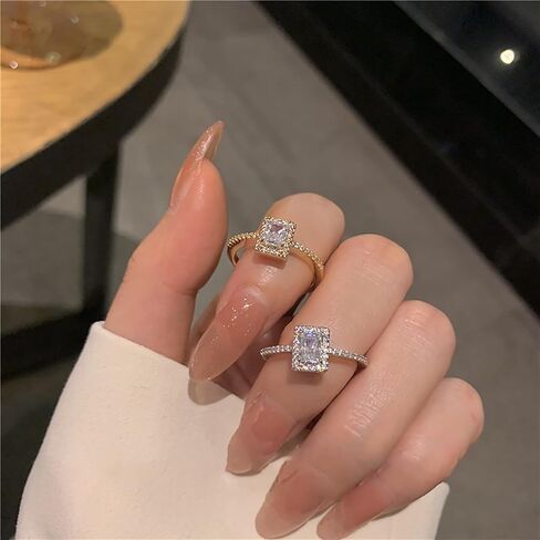 Roe Dolph 2Pcs Crystal Rings Engagement Ring for Wedding Gold Sparkling Cubic Zirconia Ring for Women Adjustable Open Dainty Rings Silver Square Rhinestone Rings Jewelry Gift for Girls Lady in Saudi Arabia