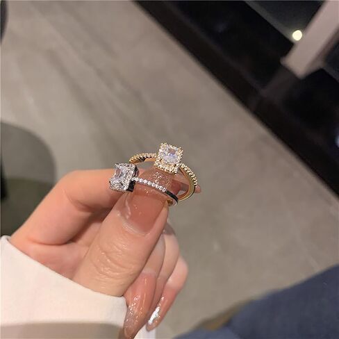 Roe Dolph 2Pcs Crystal Rings Engagement Ring for Wedding Gold Sparkling Cubic Zirconia Ring for Women Adjustable Open Dainty Rings Silver Square Rhinestone Rings Jewelry Gift for Girls Lady in Saudi Arabia