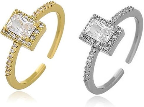 Roe Dolph 2Pcs Crystal Rings Engagement Ring for Wedding Gold Sparkling Cubic Zirconia Ring for Women Adjustable Open Dainty Rings Silver Square Rhinestone Rings Jewelry Gift for Girls Lady in Saudi Arabia