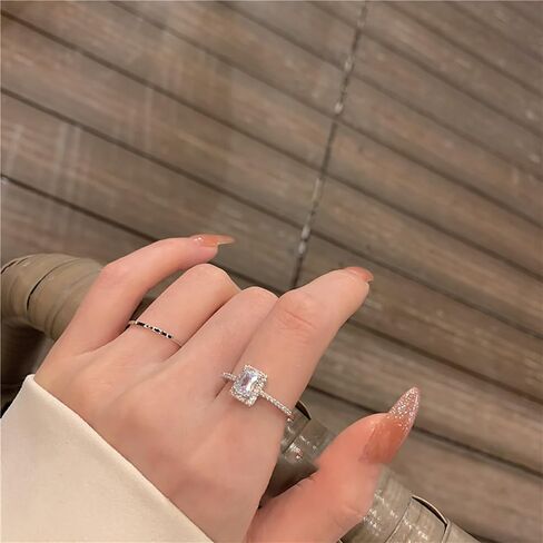 Roe Dolph 2Pcs Crystal Rings Engagement Ring for Wedding Gold Sparkling Cubic Zirconia Ring for Women Adjustable Open Dainty Rings Silver Square Rhinestone Rings Jewelry Gift for Girls Lady in Saudi Arabia