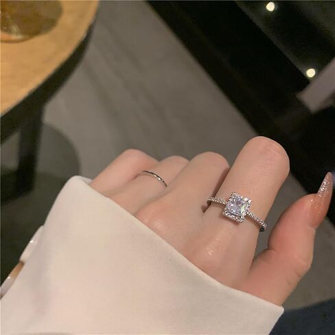 Roe Dolph 2Pcs Crystal Rings Engagement Ring for Wedding Gold Sparkling Cubic Zirconia Ring for Women Adjustable Open Dainty Rings Silver Square Rhinestone Rings Jewelry Gift for Girls Lady in Saudi Arabia