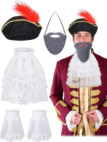 5 Pcs Renaissance Costume Accessories Set Men Medieval Renaissance Hat with Fake Beards Victorian White Lace Jabot Collar and Hand Sleeves Colonial Costume for Halloween Cosplay Party in Kuwait