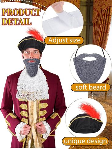 5 Pcs Renaissance Costume Accessories Set Men Medieval Renaissance Hat with Fake Beards Victorian White Lace Jabot Collar and Hand Sleeves Colonial Costume for Halloween Cosplay Party in Kuwait