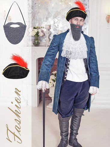 5 Pcs Renaissance Costume Accessories Set Men Medieval Renaissance Hat with Fake Beards Victorian White Lace Jabot Collar and Hand Sleeves Colonial Costume for Halloween Cosplay Party in Kuwait