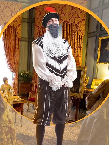 5 Pcs Renaissance Costume Accessories Set Men Medieval Renaissance Hat with Fake Beards Victorian White Lace Jabot Collar and Hand Sleeves Colonial Costume for Halloween Cosplay Party in Kuwait