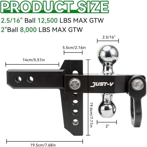 وصلة مقطورة قابلة للتعديل مقاس 15.24 سم من Just-V مقاس 15.24 سم قطرة/ارتفاع، تناسب كرة السحب المزدوجة (2 بوصة × 2-5/16 بوصة) لسيارات الدفع الرباعي والمركبات الترفيهية والشاحنات -12,500 جيجا طن مع مقطورة خاصة مسامير أقفال سوداء in Kuwait