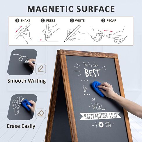 TIANSE Magnetic Wooden A-Frame Chalkboard Sign, Large 40" x 21" Floor Standing Double-Sided Sidewalk Chalkboard Easel, Suit for Store, Restaurant or Wedding with Wipe, Chalk Markers and Magnet (Black) in Saudi Arabia