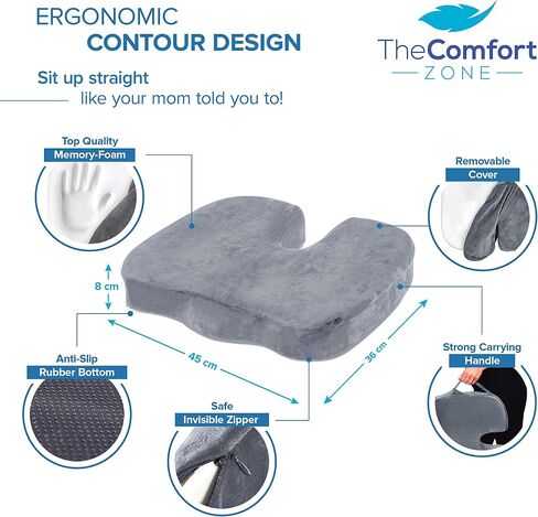 TheComfortZone Seat Cushion for Office Chair Memory Foam Coccyx Cushion Butt Pillow for Sciatica Tailbone & Back Pain Relief Long Sitting Office Desk Gaming Chair Car Seat Cushion Driving-Black in Saudi Arabia