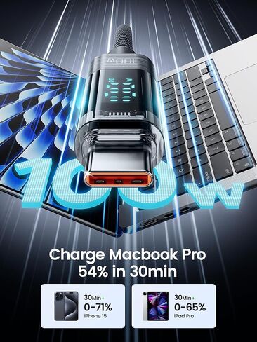 كابل USB C إلى USB C بقوة 100 واط، كابل USB C للشحن السريع 3.3FT من النوع C PD 5A مع شاشة LED سلك شاحن مجدول من النايلون متوافق مع iPhone 15 Pro Max Plus وMacBook وiPad وGalaxy S24 S23 S22 وPixel in Kuwait