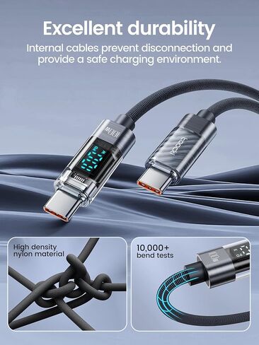 كابل USB C إلى USB C بقوة 100 واط، كابل USB C للشحن السريع 3.3FT من النوع C PD 5A مع شاشة LED سلك شاحن مجدول من النايلون متوافق مع iPhone 15 Pro Max Plus وMacBook وiPad وGalaxy S24 S23 S22 وPixel in Kuwait