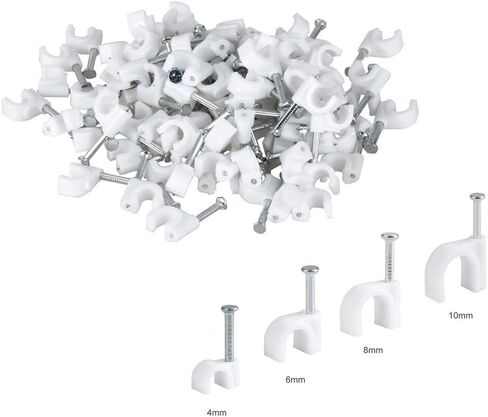 مقاطع سلك كابل مستديرة 4 مم 6 مم 8 مم 10 مم (عبوة من 400) إدارة الكابلات RG6 RG59 CAT5 CAT6 RJ45 مكبر صوت تلفزيون إيثرنت كهربائي سلك حامل ربطة عنق مشابك أظافر محورية واحدة in Kuwait