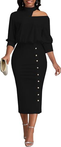 Black Church Dresses for Women Elegant Off Shoulder Halter Neck 3/4 Sleeve Midi Dress Bodycon Work Business Pencil Sheath Dress(811Black,Small) in Saudi Arabia