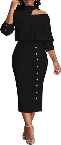 Black Church Dresses for Women Elegant Off Shoulder Halter Neck 3/4 Sleeve Midi Dress Bodycon Work Business Pencil Sheath Dress(811Black,Small) in Saudi Arabia