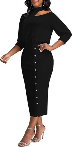 Black Church Dresses for Women Elegant Off Shoulder Halter Neck 3/4 Sleeve Midi Dress Bodycon Work Business Pencil Sheath Dress(811Black,Small) in Saudi Arabia