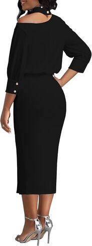 Black Church Dresses for Women Elegant Off Shoulder Halter Neck 3/4 Sleeve Midi Dress Bodycon Work Business Pencil Sheath Dress(811Black,Small) in Saudi Arabia