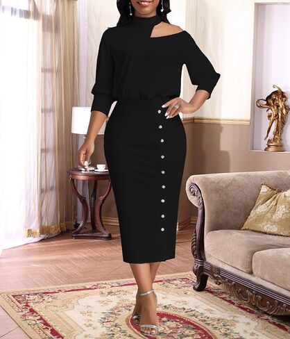 Black Church Dresses for Women Elegant Off Shoulder Halter Neck 3/4 Sleeve Midi Dress Bodycon Work Business Pencil Sheath Dress(811Black,Small) in Saudi Arabia
