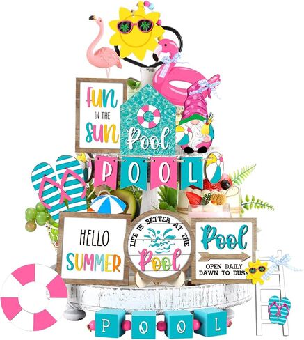 21 Pcs Summer Tiered Tray Decor Summer Pool Tiered Tray Decorations Set Pool Slippers Flamingo Wooden Sign Rustic Beach Home Decor Summer Table Centerpieces for Shelf Kitchen Tabletop in Saudi Arabia