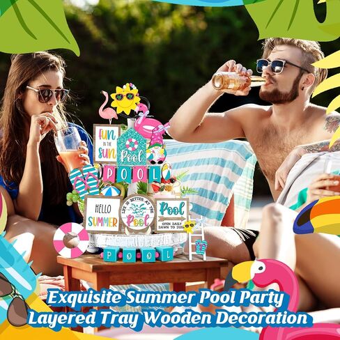 21 Pcs Summer Tiered Tray Decor Summer Pool Tiered Tray Decorations Set Pool Slippers Flamingo Wooden Sign Rustic Beach Home Decor Summer Table Centerpieces for Shelf Kitchen Tabletop in Saudi Arabia