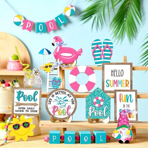 21 Pcs Summer Tiered Tray Decor Summer Pool Tiered Tray Decorations Set Pool Slippers Flamingo Wooden Sign Rustic Beach Home Decor Summer Table Centerpieces for Shelf Kitchen Tabletop in Saudi Arabia