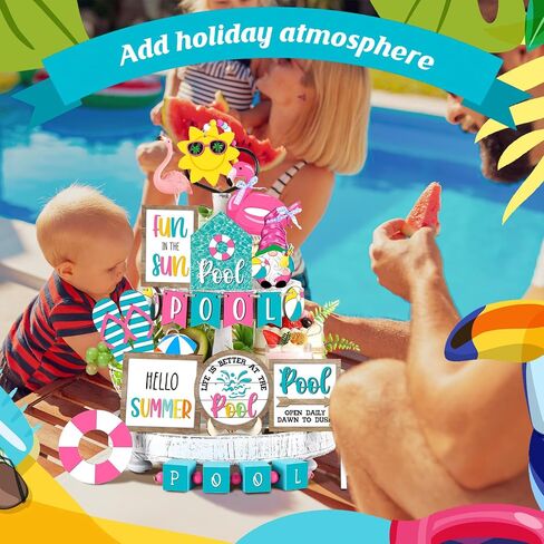 21 Pcs Summer Tiered Tray Decor Summer Pool Tiered Tray Decorations Set Pool Slippers Flamingo Wooden Sign Rustic Beach Home Decor Summer Table Centerpieces for Shelf Kitchen Tabletop in Saudi Arabia