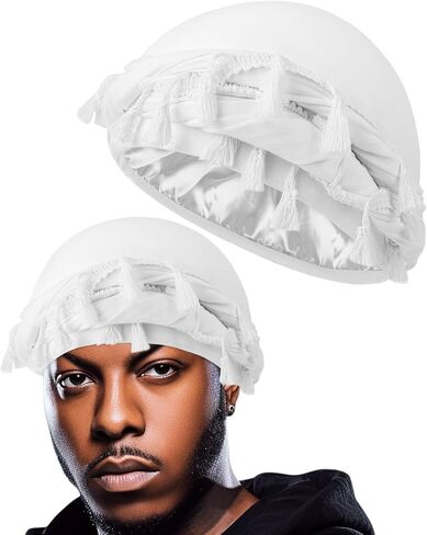 BEACE Tassels Silk Satin Lined Pre-Tied Turban Durag Head Wrap for Men & Women, Halo Turban Skull Cap Bonnet for Sleeping in Saudi Arabia
