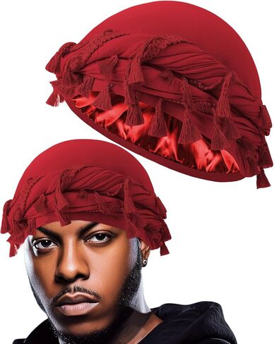 BEACE Tassels Silk Satin Lined Pre-Tied Turban Durag Head Wrap for Men & Women, Halo Turban Skull Cap Bonnet for Sleeping in Saudi Arabia