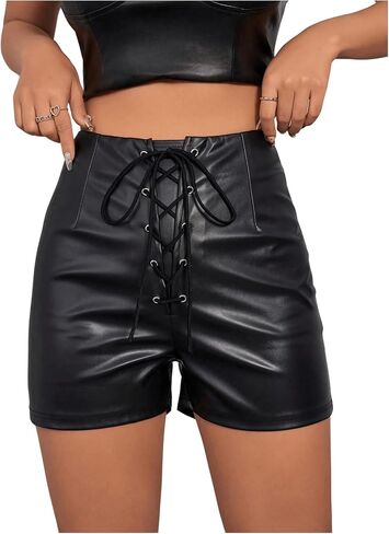 MakeMeChic Women's Casual PU Leather High Waist Shorts Grommet Eyelet Criss Cross Lace Up Straight Leg Shorts in Saudi Arabia