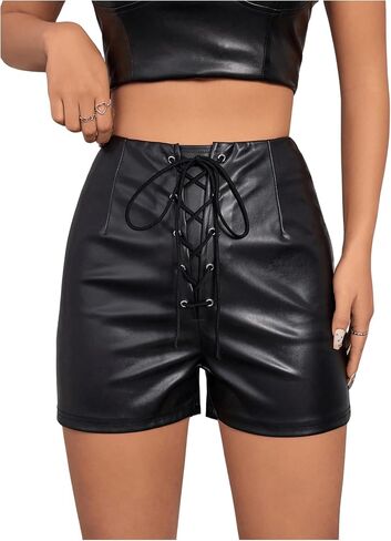 MakeMeChic Women's Casual PU Leather High Waist Shorts Grommet Eyelet Criss Cross Lace Up Straight Leg Shorts in Saudi Arabia