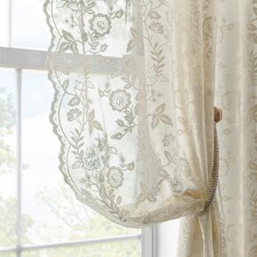 FINECITY Vintage Lace Curtains 72 Inch Length - Rustic Floral Branch Leaf Lace Window Curtains for Living Room, Privacy Scalloped Trim Cream Sheer Lace Curtains, 52 x 72 Inch, 2 Panels, Ivory/Cream in Kuwait