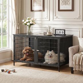 MAHANCRIS Dog Crate Furniture for 2 Dogs, 43.3" Dog Kennel with Removable Divider, Heavy Sturdy Dog Furniture Style Double Cage for Small Medium Dog, Indoor Dog House End Table, Rustic Brown DCHR1201 in Kuwait