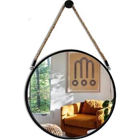 POZINO Round Mirror, Rope Hanging Mirror, 15 Inch Farmhouse Circle Wall Mirror for Bathroom Bedroom Living Room Entryway Home Decor, Grey in Kuwait