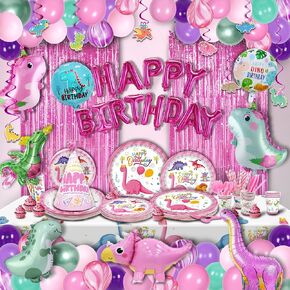Party Spot! 150 pcs Dinosaur Birthday Party Supplies For Girls (Serves 12), Pink Dinosaur Party Decorations, 50 pcs Latex Balloons, 12 sets Tableware, Plates, Tablecloth, Installation Tools in Kuwait