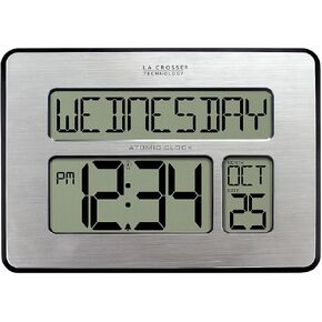 La Crosse Technology 513-1419-INT Atomic Full Calendar Clock with Extra Large Digits - Silver, 9.84"L x 1.14"W x 7.48"H in Kuwait