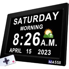 MASSII 【ترقية】 ساعة رقمية مع التوقيت الصيفي التلقائي و20 منبه تذكير مخصص، ساعة تاريخ يوم التقويم غير المختصرة لكبار السن الخرف الزهايمر (7 بوصة أسود) in Kuwait
