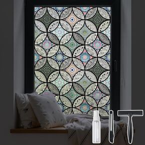 DKTIE Boho Stained Glass Look Window Privacy Film with Installation Tools, Decorative Frosted Glass Window Film Static Cling No Glue Removable, Pure Black, 17.7" x 78.7" in Kuwait