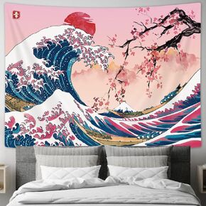 MERCHR Pink Japanese Tapestry, Cool Ocean Wave Wall Tapestry, Asian Anime Mountain Red Sun Cherry Blossom Decorations Tapestry Wall Hanging for Bedroom, 60 x 40 Inches in Kuwait