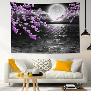 LB Small Full Moon Over Ocean Tapestry Wall Hanging, Purple Japanese Cherry Blossom Wall Tapestry,Fantasy Asian Scenery Tapestry for Bedroom Living Room Dorm Home Decor,48 x 36 Inches in Kuwait